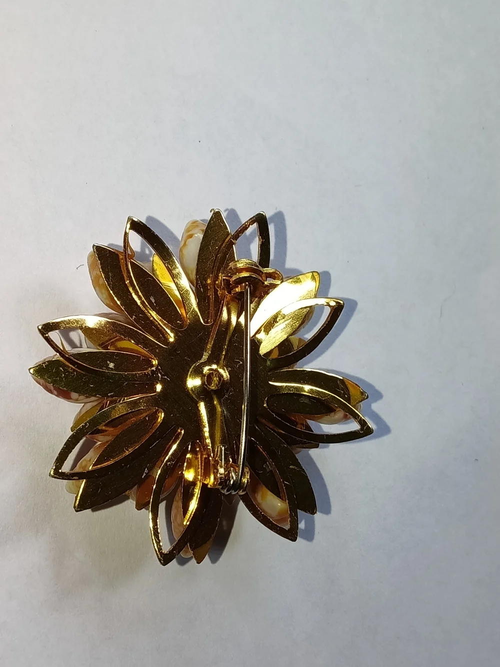 ​Mid-Century Seashell Cluster Brooch, Faux Pearl Accent Flower Pin
